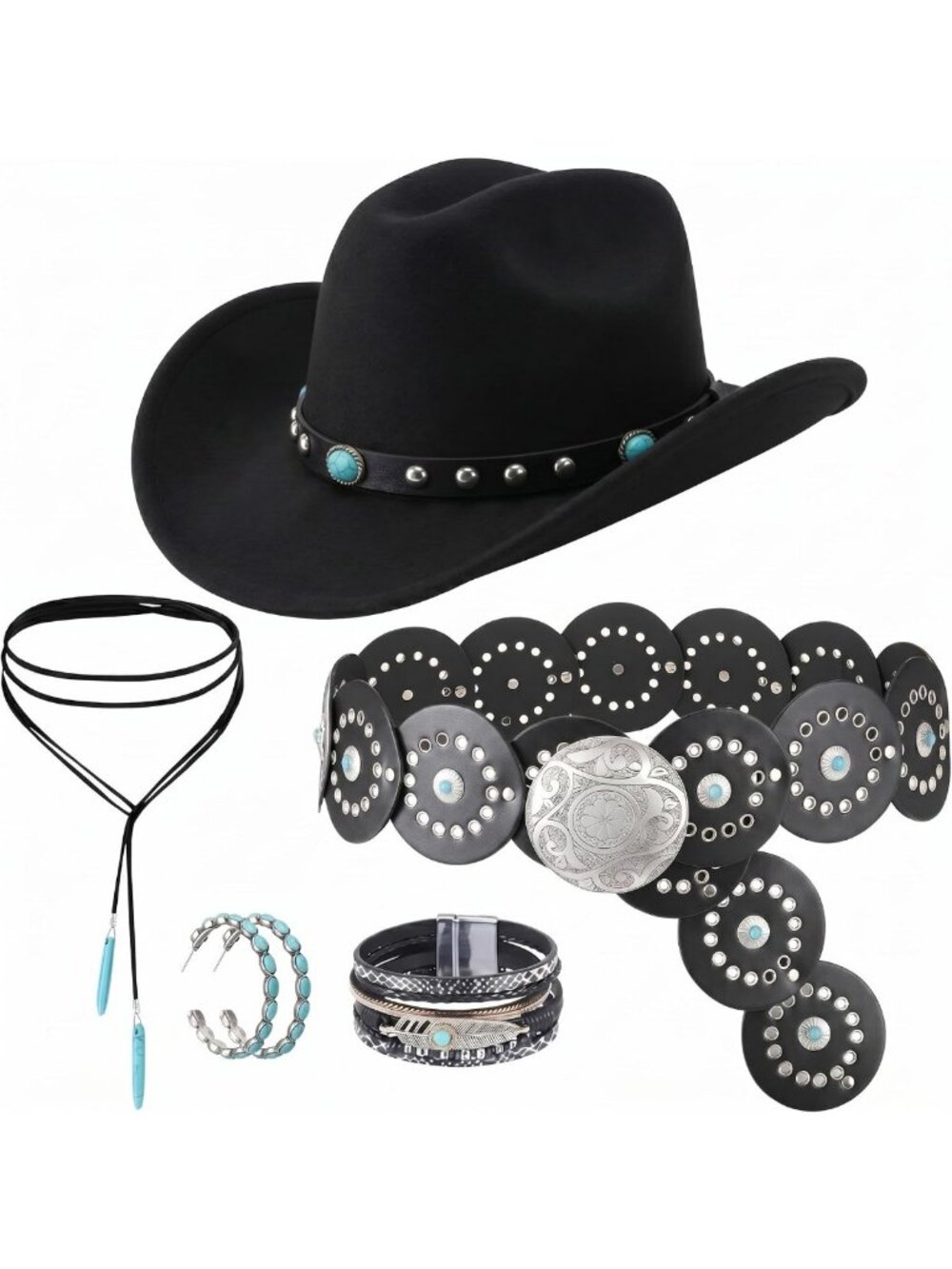 Western Cowboy Hat Set with Belt & Choker - 5 Piece Costume Accessory Bundle
